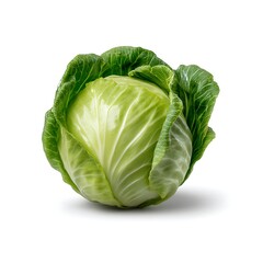 Fototapeta premium Fresh Green Cabbage Head Isolated on White Background with Bright Green Leaf Texture