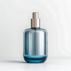 Naklejka premium Elegant Blue Glass Bottle with Metallic Pump on a Light Background for Stylish Decor
