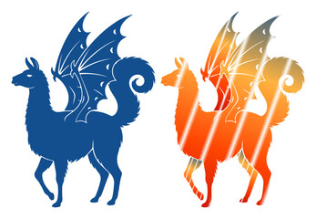 Whimsical fantasy creatures, a winged llama in blue and a fiery orange llama against a white background. © NATASA.52