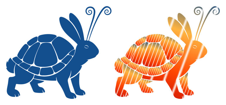 Whimsical creatures combine rabbit and tortoise features, symbolizing duality and contrast.
