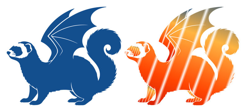 Mythical winged ferrets depicted in contrasting blue and fiery orange.