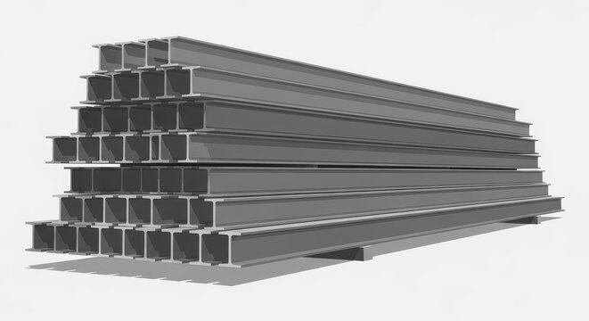 Steel beams are stacked neatly in a warehouse setting.