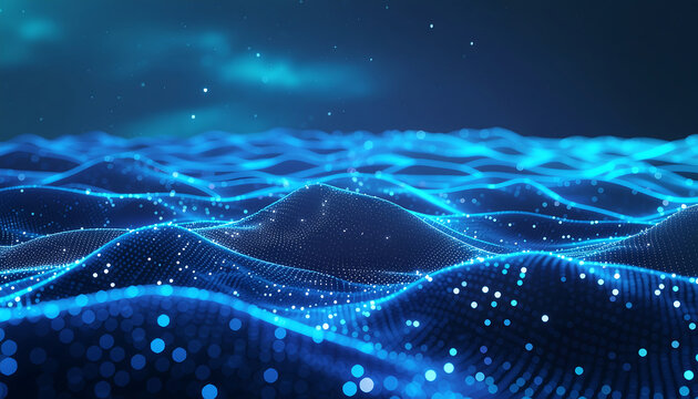 Futuristic digital wave pattern with glowing blue particles and subtle bokeh effects, representing data flow or abstract technology