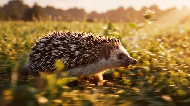 Cute cartoon hedgehog running through a meadow at golden sunset