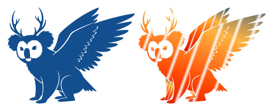 Whimsical creatures with wings and antlers, a blue koala and an orange owl-like being.