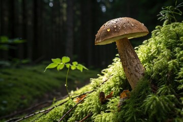 Fototapeta premium A mushroom is sitting on a mossy hillside