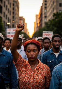 Resilient woman with red hair raising fist during a powerful street protest march for social justice and civil rights historical documentary campaign imagery