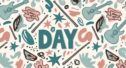 Fototapeta premium Colorful music day pattern with guitars stars and abstract shapes