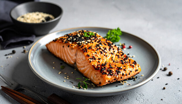 Salm&oacute;n con costra de s&eacute;samo en fondo gris