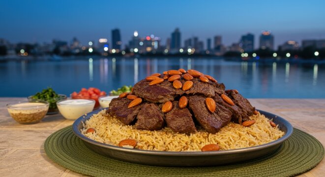Traditional Mansaf Dish with Meat and Rice served on a Waterfront Terrace with a City Skyline at Twilight, Middle Eastern Cuisine for Food Blog and Travel Guide