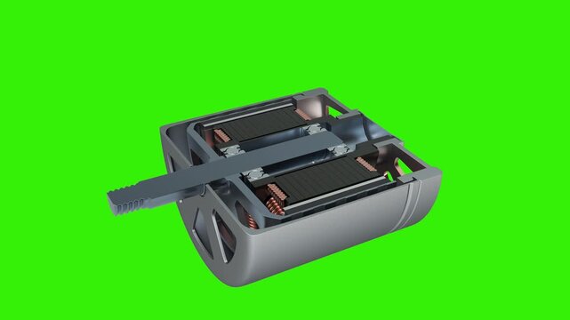 Brushless motor design using slice animation. Brushless motor design. 3d animation isolated on green screen or chroma key  background