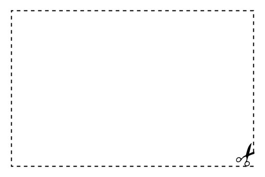 Minimalist dashed line border with scissors icon, rectangular cut out coupon frame vector, simple black dotted line border for vouchers