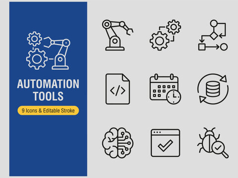 Automation tools icons set with robotic arm gear brain and software elements for business and technology  workflow optimization