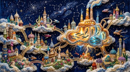 Fototapeta premium Whimsical floating cities on clouds with lightning and flying fish, intricate fiber art landscape