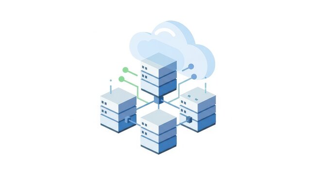 Digital servers are interconnected to a central cloud computing system in this isometric visualization.