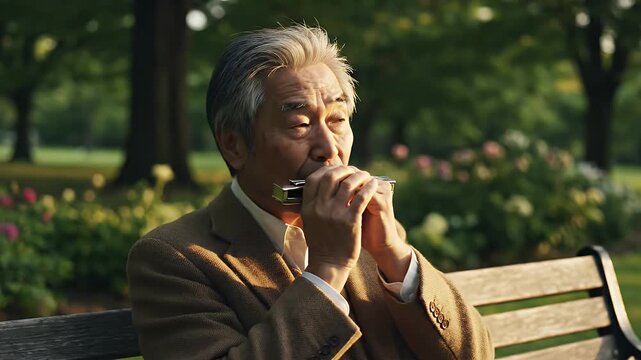 Elderly man plays harmonica on a park bench