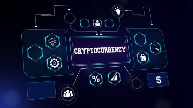Cryptocurrency market analysis and blockchain technology concept footage featuring a futuristic digital dashboard for web3 explainers and finance backgrounds