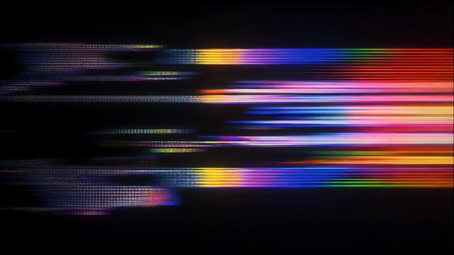 Abstract, vibrant graphic with dynamic, horizontal lines and distorted pixelated blocks against a black background