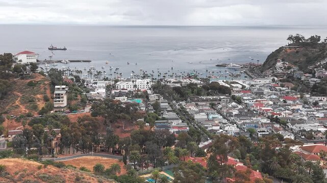 Orbit shot of Avalon on Catalina Island from land