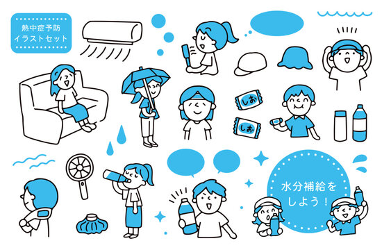 様々な熱中症予防をする人のイラストセット