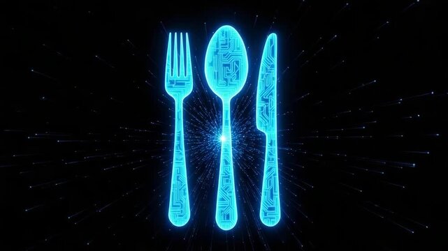 Glowing Digital Cutlery Arrangement Futuristic Blue Fork Spoon Knife Render With Circuit Board Pattern On Black Background Used As Illustration For Food Tech Digital Dining