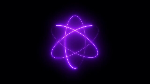 Neon purple atom model rotating in space, glowing science and technology motion background, for physics and, innovation concepts