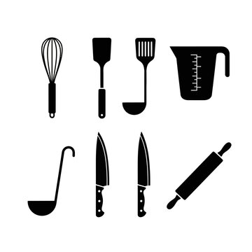 Kitchen Utensils Silhouette Set: Whisk, Spatulas, Ladle, Knives, Rolling Pin, Measuring Cup