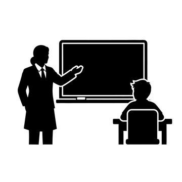 Teacher instructing student at blackboard, education concept, silhouette