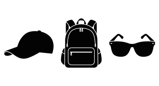 Black Silhouette of Backpack, Baseball Cap, and Sunglasses on White Background