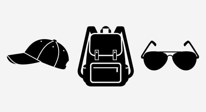 Backpack, Cap, Sunglasses Icons: Travel Essentials, Summer Vacation, Outdoor Adventure Gear