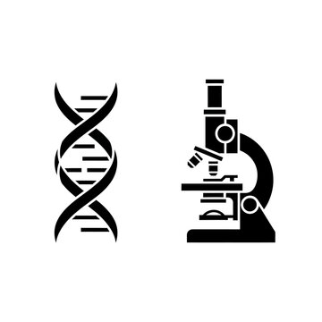 DNA helix and microscope icons representing science, genetics, and research