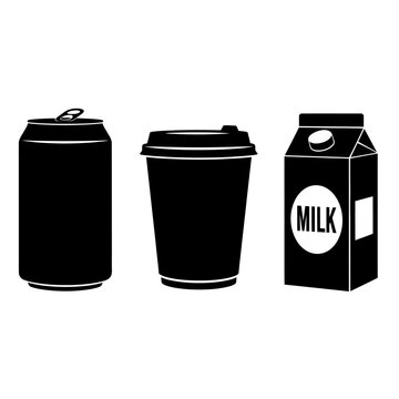 Black Silhouette of Soda Can, Coffee Cup, and Milk Carton on White Background