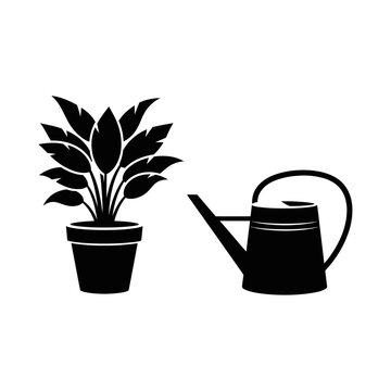 Potted Plant and Watering Can Silhouette Icon