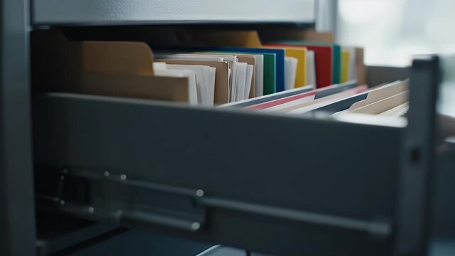 Hand opens metal filing cabinet drawer with organized files