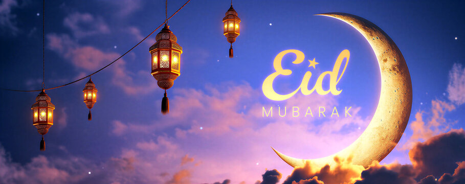 Beautiful eid mubarak celebration with glowing lanterns and crescent moon in colorful sky setting