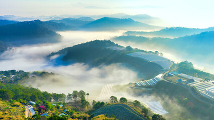 Naklejka premium Aerial view of a small hillside village near Dalat, Vietnam wrapped in soft morning fog. Colorful houses emerge through layers of mist, while gentle sunlight illuminates rooftops and greenery.