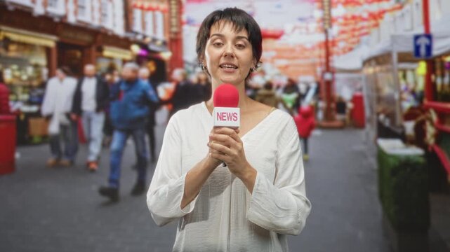 Woman holding red news microphone and speaking while reporting on a busy street market; informative reporting.