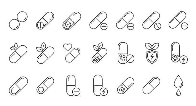 Medical icons featuring various pills and capsules with symbols.