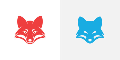Fototapeta premium Two stylized fox heads in red and blue colors on white background