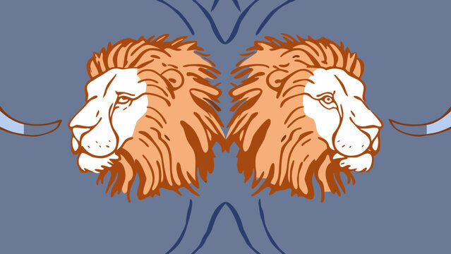 Two symmetrical lion heads framed by decorative rope-like patterns.