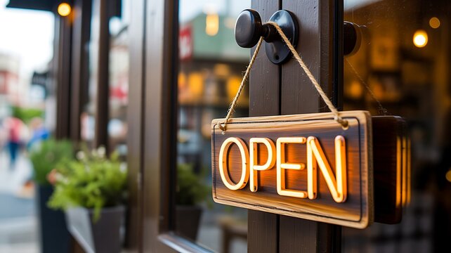 Open sign hanging on shop door indicating business is open and welcoming customers