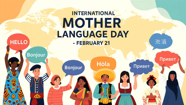 Colorful illustration of international mother language day with diverse people holding speech bubbles in different languages