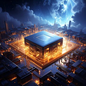 A futuristic cityscape with a glowing cube-shaped building