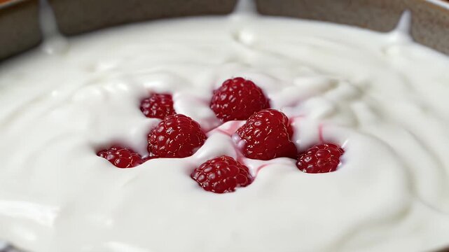 Red raspberries splashing into creamy white liquid