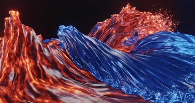 Dynamic waves of red and blue fluid intertwine in a vibrant abstract scene, showcasing motion
