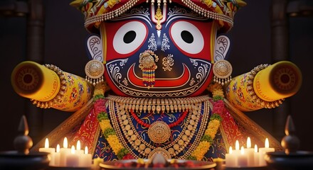 Fototapeta premium A vibrant festival deity statue with large eyes and colorful decorations surrounded by lit diyas at night in a cultural event setting.