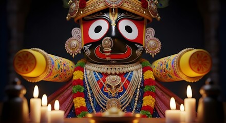 Fototapeta premium A vibrant illustration of a deity with colorful attire surrounded by lit candles