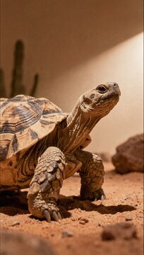A large tortoise with a patterned shell crawls slowly across dry orange sand in a desert environment with sparse vegetation.