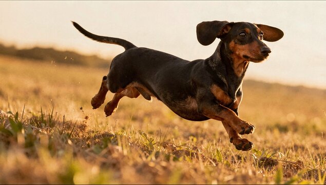A black and tan dachshund is captured mid-air while running joyfully across a grassy field during the golden hour of sunset.