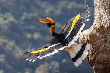 A great hornbill bird in flight spreading large wings close to tree trunk with jungle trees in blurred background. © papiya stock studio